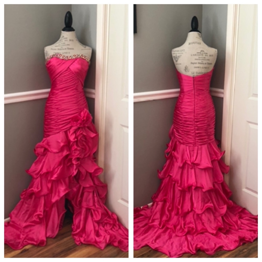 NEW ALYCE DESIGNS SZ 6 HOT PINK SATIN BEAD HIGH LOW FORMAL EVENING GOWN